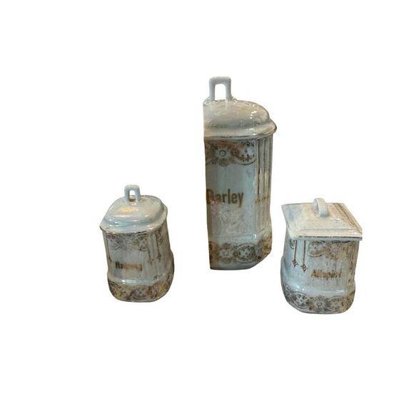 Antique Lusterware Canisters w/ Lid Germany Kitchen Barley Allspice Nutmeg Spice - Picture 6 of 13